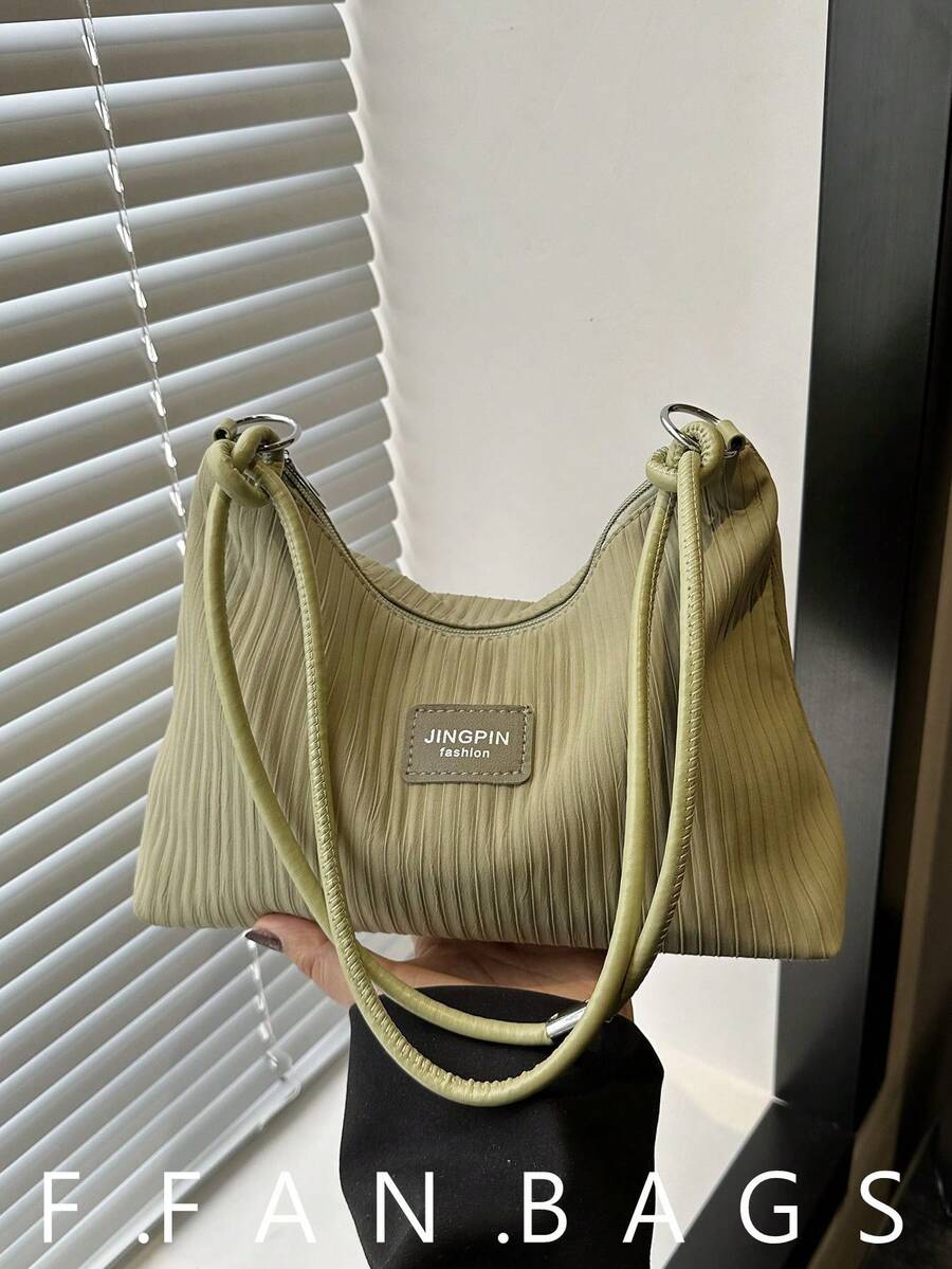 Women's Casual Large Capacity Crease Striped Fresh 2025 New Summer Stylish Commute Solid Color Shoulder Underarm Handbag - Green - View 1