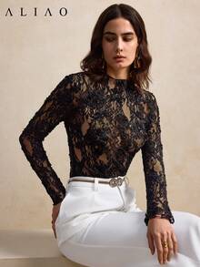 Aliao Exquisite 3D Floral Lace Long-Sleeved See Through Top, New Year, Valentine's Day, Elegant Ladies, Beach, Thanksgiving, Graduation, Concert Women, Brunch For Women, Bohemia Vacation Spring - Black - View 2