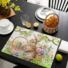 1/4/6 Piezas Manteles individuales con diseño de huevo y conejo de Pascua, manteles de lino con estampado de huevo y conejo, protector de mantel lavable, ideal para decoración de fiestas, cocina y reuniones familiares - Multicolor - Ver 2