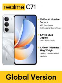 Realme C71 解锁手机 6GB+128GB/8GB+256GB 全球版 4G LTE，Android 15 智能手机，50MP AI 摄像头，120Hz 显示屏手机加光，6000mAh 大容量电池，45W 快速充电，八核芯片，无适配器