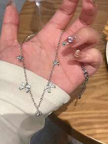 1件装女士蝴蝶结项链，INS风时尚百搭高端设计颈链，精致颈链，情人节礼物 - 銀色 - 查看 2