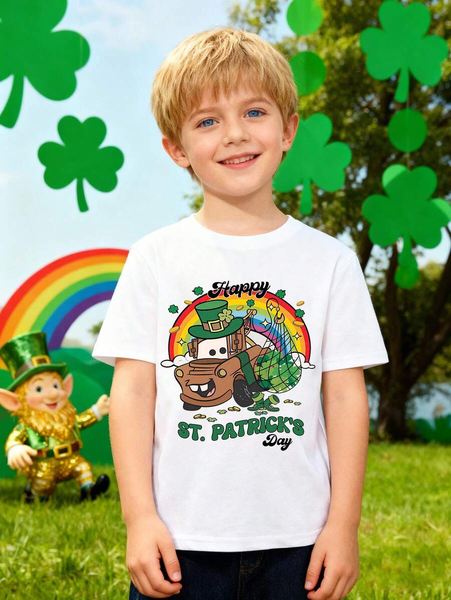 Disney St. Patrick's Day-Themed T-Shirt, Cars Lettering Cartoon Print Boys' T-Shirt. Made Of Soft, Comfortable 100% Cotton Fabric That's Breathable And Durable. Spring/Summer Children's T-Shirt, Unisex For Boys And Girls. Perfect As A Gift For Little Ones. - White - View 1