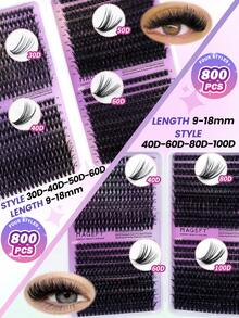 800/1600pcs 40D 60D 80D 100D / 30D 40D 50D 60D DIY Individual Lash Clusters Faux Mink Eyelashes Lash Extensions Kit Wispy Spikes Fox Eye Cat Eye Style For Makeup, Travel - 800 Cụm - Xem 1