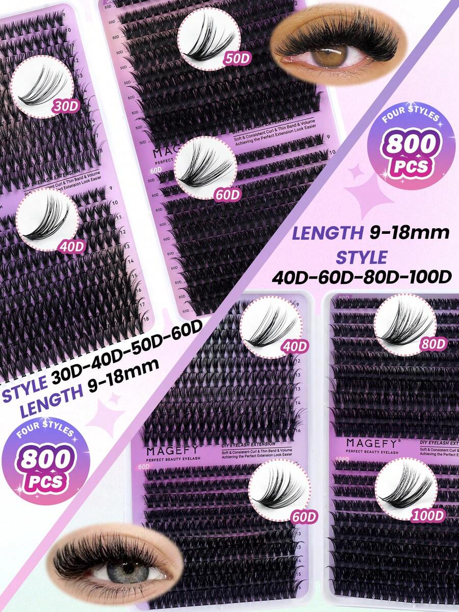 800/1600pcs 40D 60D 80D 100D / 30D 40D 50D 60D DIY Individual Lash Clusters Faux Mink Eyelashes Lash Extensions Kit Wispy Spikes Fox Eye Cat Eye Style For Makeup, Travel - 800 Cụm - Xem 1
