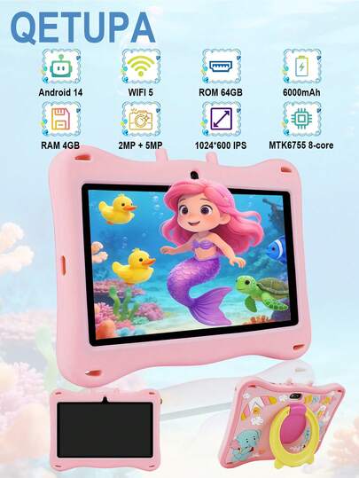 Qetupa لوحة تعليمية مبكرة للأطفال مع حافظة واقية مقاومة للصدمات، لوحة أطفال أندرويد 14 بحجم 7 بوصة بنمط الفيل، معالج MTK6755 ثماني النواة بسرعة 2.0 جيجاهرتز، ذاكرة وصول عشوائي 4 جيجابايت + ذاكرة تخزين 64 جيجابايت، شاشة لمس IPS بدقة 1024*600، كاميرا مزدوجة 2 ميجابكسل + 5 ميجابكسل، بطارية طويلة الأمد 4000 مللي أمبير، بلوتوث، واي فاي 802.11ac/واي فاي 5