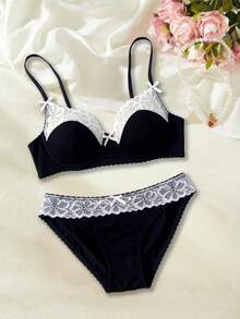 1 Set Black Lace Bow Lingerie, Delicate Pattern, Smooth & Skin-Friendly Fabric, Including Deep V Push-Up Bra And Sexy Panty, Creates A Sweet And Charming Style. - الأسود - مشاهدة 9