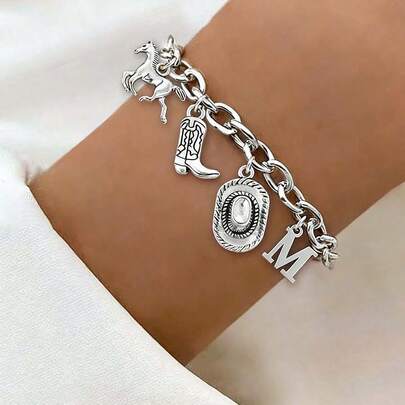 1 pieza Brazalete de cadena de acero inoxidable con dije de bota de vaquero y letra de moda clásica para mujeres