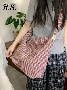 Lightweight Large Capacity Canvas Tote Bag, Fashionable Plaid Fabric, Casual College Style, Suitable For Middle/High School/University Students, Foldable Bucket Bag, Cute & Sweet Crossbody Bag - Multicolor - View 3