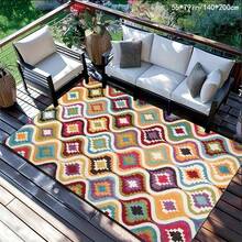 1 件金色菱形天鹅绒地毯，850 克/平方米，压纹底面，饰以大地色系图案，灵感源自现代格子设计。这款防滑、防污、复古波西米亚风格的假日地毯（摩洛哥式水洗）适用于户外庭院、露台、阳台和野餐，也可作为室内入口地毯或门垫使用。 - 彩色 - 查看 3