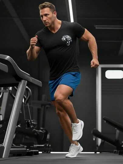 男士休闲V领虎纹短袖T恤，适合户外运动和举重训练