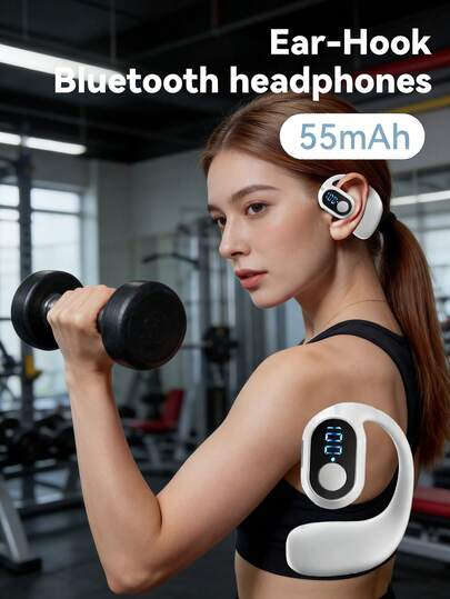 单只耳挂式蓝牙耳机，黑白配色，佩戴舒适，蓝牙5.4版本，佩戴稳固，55mAh电池续航时间长。非常适合钓鱼、骑行、健身、嘻哈音乐、旅行、露营等户外活动以及日常佩戴。专为单耳使用（仅限左耳）设计。
