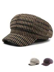 1pc Unisex Classic Houndstooth Plaid Retro Fashion Casual Newsboy Cap/Beret, Suitable Autumn/Winter Outdoor, Street, Travel - 彩色 - 查看 1