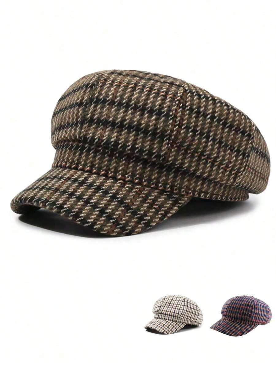 1pc Unisex Classic Houndstooth Plaid Retro Fashion Casual Newsboy Cap/Beret, Suitable Autumn/Winter Outdoor, Street, Travel - 彩色 - 查看 1