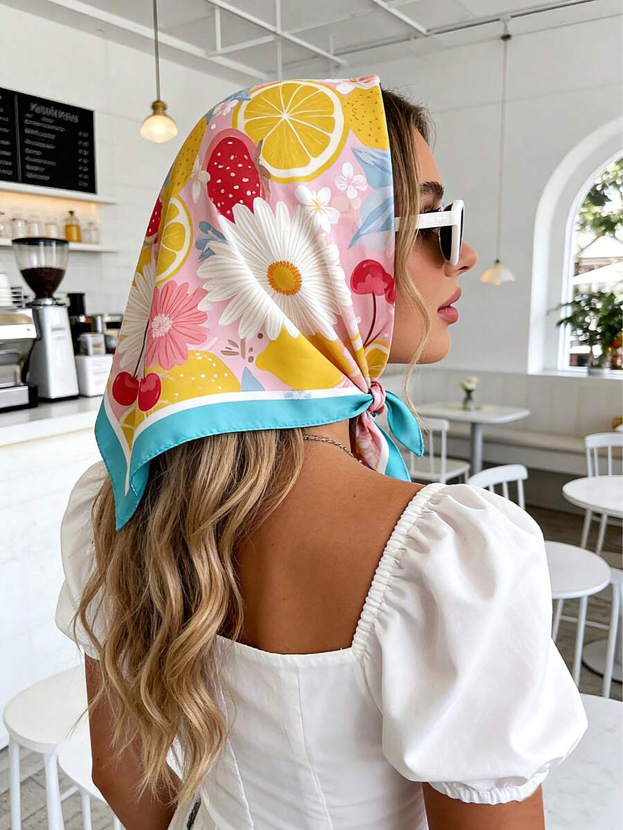 1条70厘米女士缎面多功能配饰，热带柠檬水果印花，适合日常佩戴，四季皆宜，丝巾/手帕 - 藍色邊檸檬款 - 查看 1