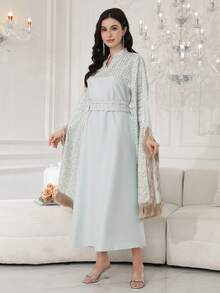 2026 New Style Ramadan Traditional Elegant Embroidered Arabic Women's Dress With Tassel Cuffs, Small Stand Collar And V-Neck, Fashion Luxury Creative - Green - View 5