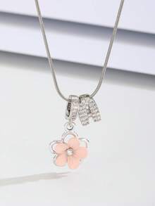 1pc Sweet Beautiful Fashion Pink Five-Leaf Flower & Full Zirconia Initial Letter Charm Stainless Steel Snake Chain Necklace For Girls Kids Cute Stylish A-Z English Alphabet Necklace For Daily Wear Jewelry Accessory Birthday Gift - Pink - View 4