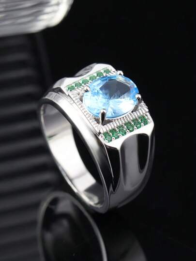 1pc S925 Silver Men's Ring, 2ct Lab-Created Aquamarine, Wide Band Design Elegant & Steady, Exquisite Luxurious Quality, Suitable For Business & Formal Occasions, Ramadan Jewelry
