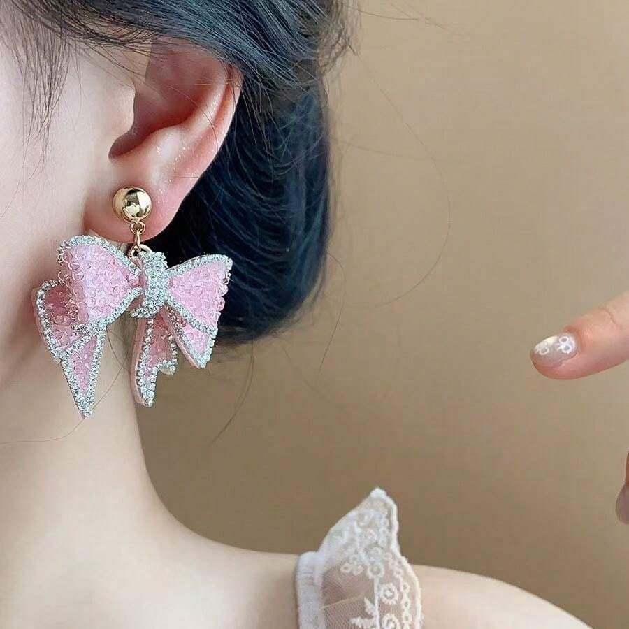1对优雅蝴蝶结耳环，适合日常佩戴 - 粉紅色 - 查看 1
