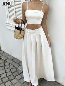 RNU 两件套百搭A字裙套装，浪漫优雅休闲风，弹力腰身吊带背心+迷你裙，适合生日、婚礼宾客、情人节、狂欢节、新年、通勤、春夏等场合。 - 杏色 - 查看 6