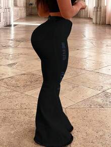 Plus Size Women's Mid-Rise Flared Jeans, Sexy Ripped Elastic Raw Hem Denim Flared Pants, Casual Wear Fashion Trousers - 黑色 - 查看 2