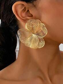 1 Pair Vintage Elegant Metallic Gold Textured Floral Dangle Earrings For Women, Retro Statement Pendant Earrings, Perfect For Daily Wear Party Holiday & Ideal Gift For Her - 白色 - 查看 3
