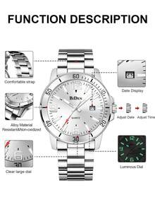 BIDEN 1pc Men's Watch, Fashion Casual, Waterproof Luminous Calendar Quartz Watch, Solid Steel Strap, Men's Business Watch - Silver - View 3