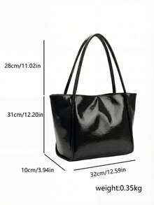 女士复古简约大容量单肩手提包，PU油皮材质，适合日常、休闲、通勤和办公使用。 - 黑色 - 查看 2