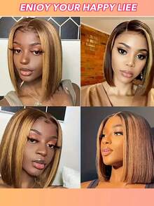 4/27 高光波波头假发 直发蕾丝前假发 真人发 渐变色波波头假发 真人发 无胶佩戴 - S4/27 - 查看 5