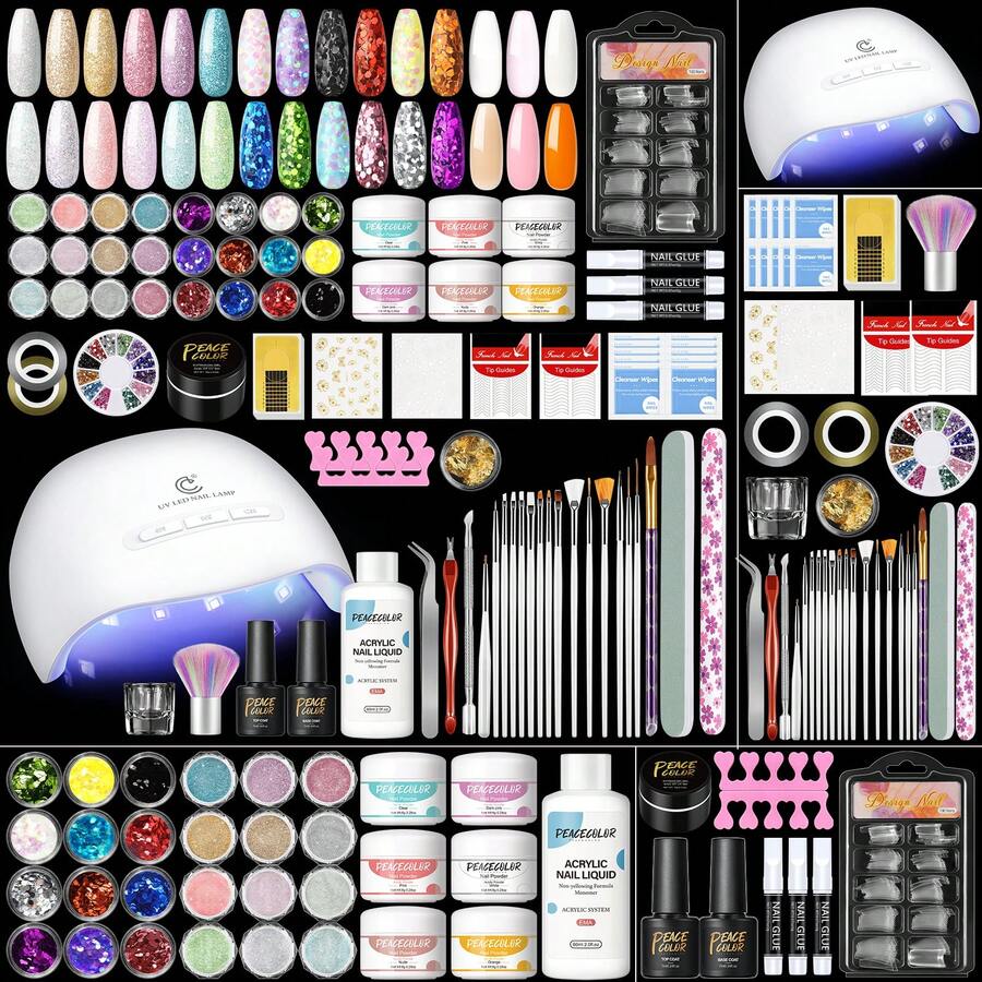 PEACECOLOR Acrylic Nail Kit With UV LED Lamp 24 Colors Glitter Acrylic Powder Set 60ML Acrylic Liquid With Base Top Coat Acrylic Nail Complete Starter Kit Nail Extension Gift For Women - 02多色 - 查看 1
