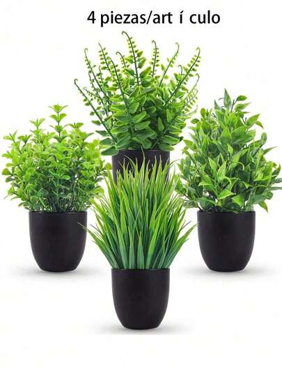 1 Set (4 Piezas) Plantas artificiales negras en maceta, que incluyen mini eucalipto de plástico y pasto de trigo en miniatura, adecuado para el hogar, oficina, baño, dormitorio, decoración de escritorio, también es excelente para el Día de San Valentín, cumpleaños, graduación, decoración de jardín, plantas de exterior, jardinería
