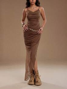 Faeriesty 棕色休闲褶裥连衣裙 - 修身网纱拼接开衩连衣裙，适合海滩度假、早午餐约会、傍晚漫步、夏季活动（不含腰带）