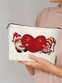 1 Pc A Pair Of Little Elves Holding A Heart Pattern Cosmetic Bag Valentine's Day Makeup Bag Perfect Gift For Family And Friends - Red and White - View 1