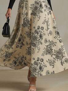 Women's Elegant Fitted Waist Tie Knit Long Sleeve Square Neck Patchwork Chinese Style Floral Print Midi Dress - Black - View 3
