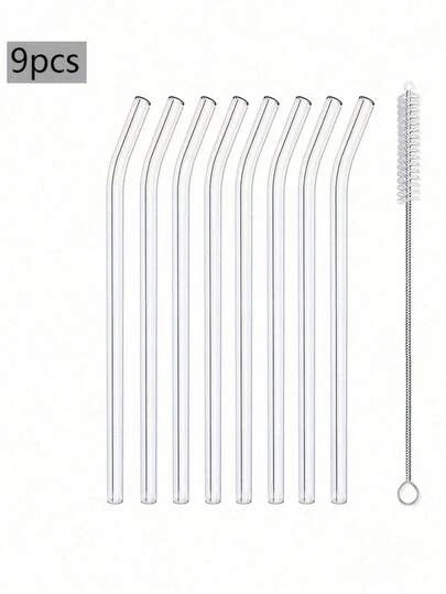 SGIAWETA-9-Pack Glass Straw Set With Cleaning Brush - Reusable Bent Straws And Straight Straws Drinks, Cocktails - Home, Party, Bar, Bubble Tea Shop Back To School,School Supplies-Birthdaygift