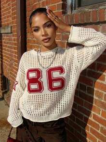 Women's New White Hollow-Out Numeric Jacquard Loose Knit Long Sleeve Top, Y2K Casual American Retro Fashion Comfortable Basic Fitness Running Cycling Spring/Summer Sweater - Multicolor - View 4