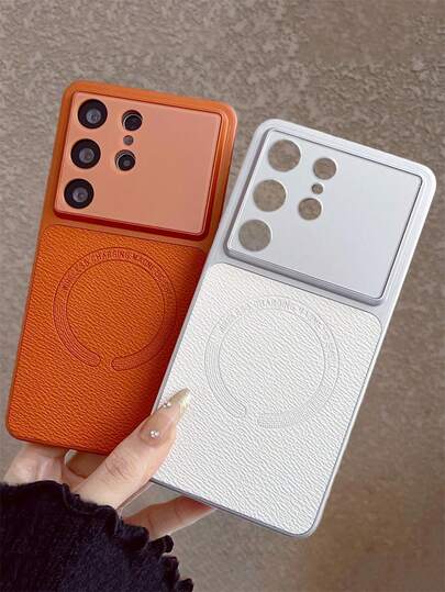 Funda de teléfono inalámbrica de carga magnética de lujo con patrón de lichi retro de unicolor, compatible con Samsung Galaxy S26Ultra, S25Ultra, S24Ultra, S26, S25, S24 Plus, S26, S25, S24, con gran ventana, protección, cuero artificial mate y antideslizante