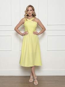 ALETHEIA - ELEGANT WOMEN'S MIDI DRESS IN LELIS, WRAP NECKLINE, FLARED SKIRT, LIGHT DRAPE - WOMEN'S SUMMER DRESSES - Màu vàng - Xem 2