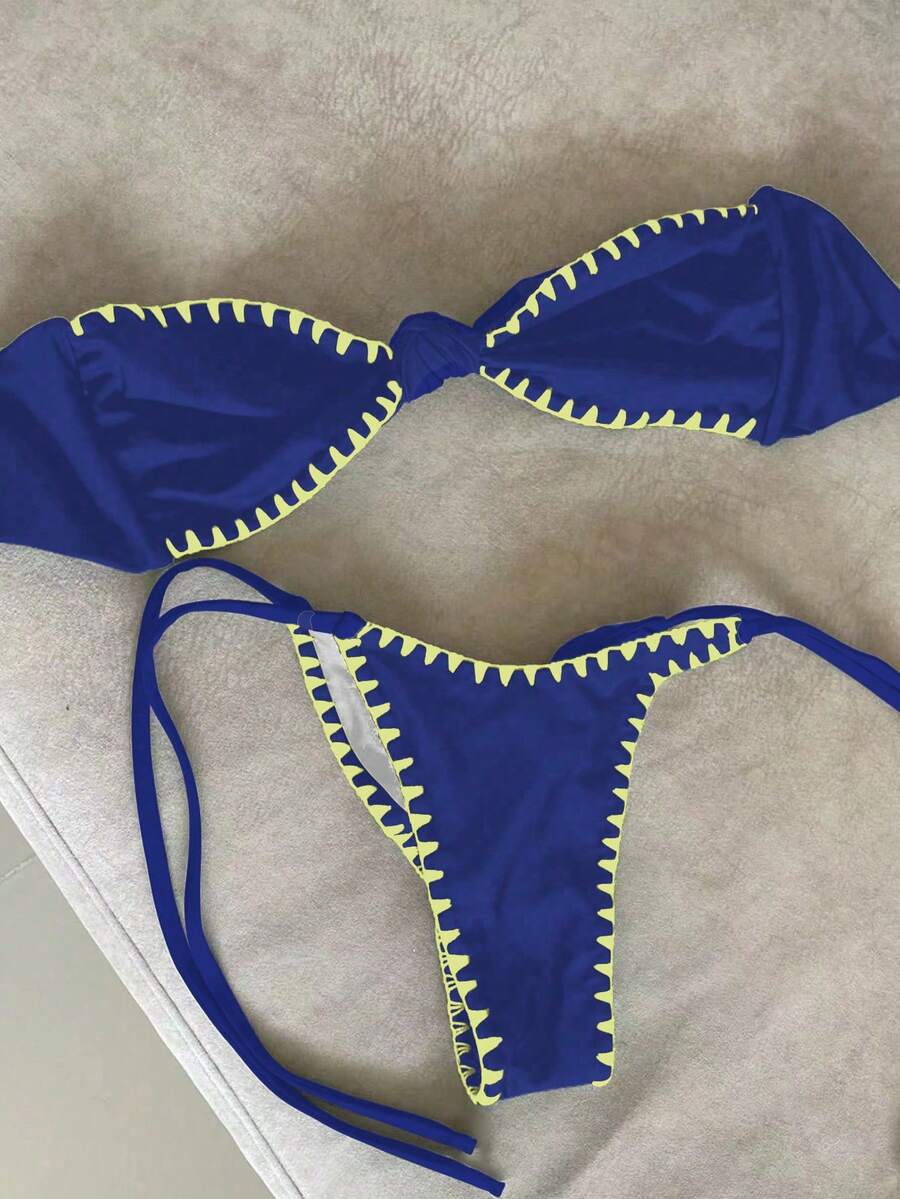Bộ bikini quây buộc dây màu xanh dương thanh lịch kiểu retro có bèo nhún dành cho nữ, đồ bơi cao cấp cho kỳ nghỉ. - Màu xanh lam - Xem 1