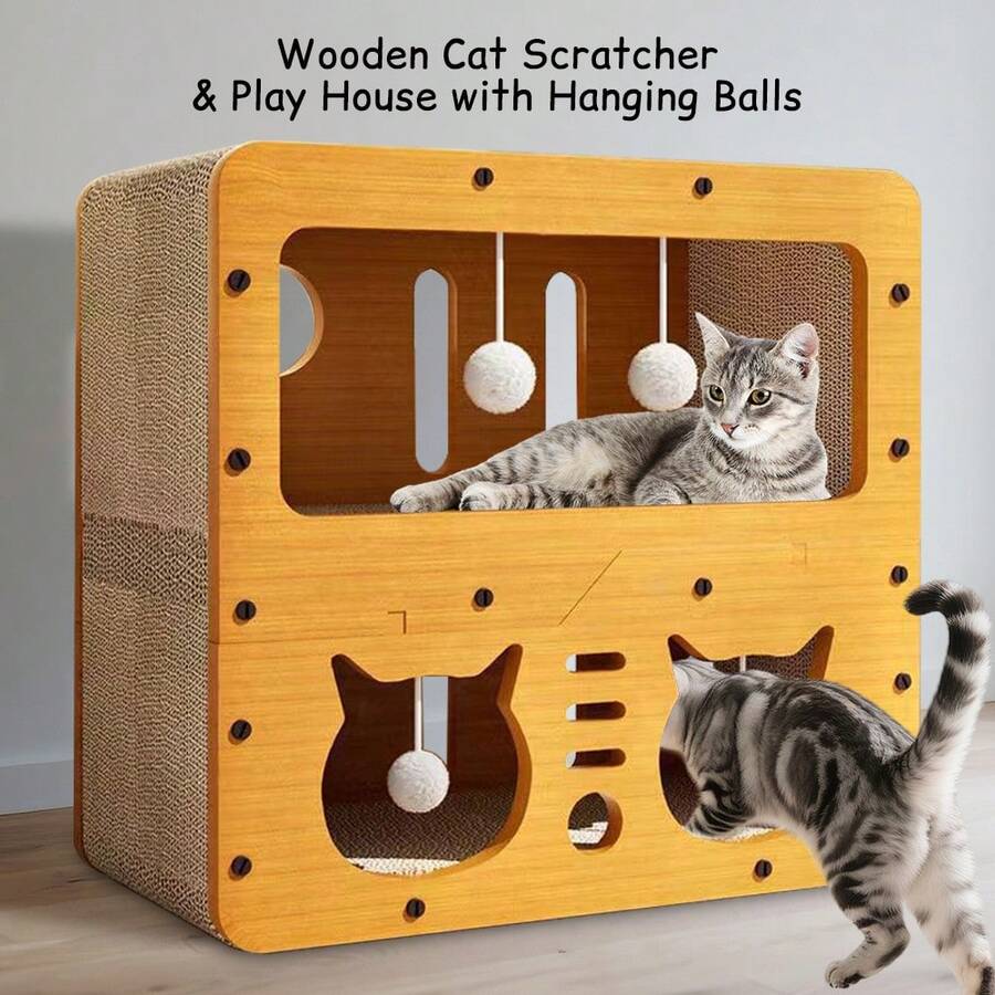 Multi-Function 2-In-1 Cat Scratcher & Cozy Bed - Wooden Cat House With Interactive Play Caves, Durable Scratching Surfaces, Hanging Pom-Pom Toys, And Hideaway Napping Spot For Indoor Cats - MD-CAT2 - 查看 1