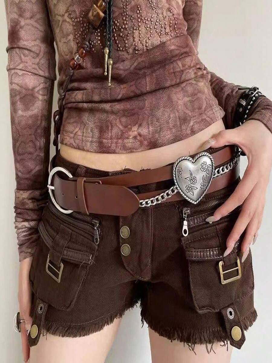 1件复古心形女士腰带，棕色宽腰带配饰，装饰腰带，腰链，朋克Y2K风格女士配饰 - 彩色 - 查看 1