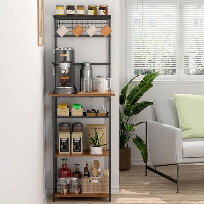 5 Tier Coffee Bar Station, Kitchen Stand With 4 S-Shaped Hooks, Farmhouse Corner Coffee Bar Cabinet For Small Spaces, Bakers Rack For Kitchen, Entryway, Living Room, 13.43"D X 18.93"W X 53.31"H