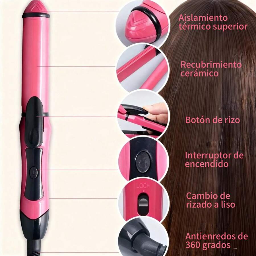 Esta herramienta de peinado 2 en 1 combina rizador, plancha y rizador en una sola unidad. Incluye un rizador para flequillo integrado y permite alisar y rizar el cabello. Un producto superventas. - Rosa Fucsia - Ver 1