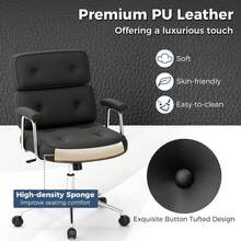 COSTWAY Office Chair, PU Leather Upholstered Desk Chair With Button Tufted Back & Padded Armrests, Height Adjustable Swivel Chair With Rocking Function & Rolling Wheels For Home Office, Black - Black - View 8