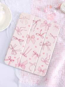 1pc Cute Pink Bowknot Painted Tablet Case, Compatible With IPad 10th/11th/10.2/10.5/Air4/Air5/10.9/Pro11/Air 11-In.(M2)-2024/Pro 11-In.(M4)-2024/IPad Air 11-Inch (M3) 2025/IPad (A16) 11 Inch 11th Generation 2025, Mini6/Mini7/Air1/Air2/9.7, Tab A8 10.5 Inch 2022, Includes Pen Slot, Tri-Fold Stand, Magnetic Sleep/Wake, Adorable/Elegant/Creative - Multicolor - View 3