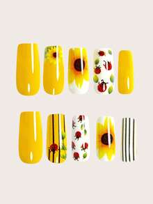Thể hiện tình yêu của bạn với 24 móng tay giả hình vuông cỡ trung bình, màu đỏ tươi tắn, lá xanh, đường kẻ đen cổ điển, hoa hướng dương vàng, nhụy đỏ, móng giả trắng, móng giả vàng thanh lịch, móng giả phủ kín toàn bộ móng dành cho phụ nữ và bé gái. Bao gồm 1 miếng gel dẻo và 1 dũa móng. Gel dẻo được giao ngẫu nhiên. - Màu vàng - Xem 3