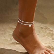Tobillera con inicial para mujer tobillera impermeable en capas para mujer tobilleras bañadas en plata tobillera fina con letras  joyería de verano para mujer-008 - LETRA M - Ver 2