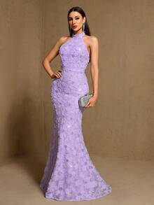3D Floral Decor Waist-Cinching Sleeveless Elegant Evening Gown, Suitable For Spring, Formal Wedding Guest Dress, Appropriate For Graduation Ceremony, Gala Dinner And Other Occasions - Mauve Purple - View 7