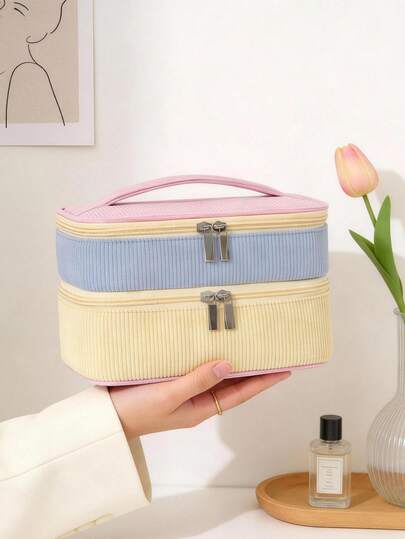 1pc Dopamine Double-Layered Color-Block Makeup Bag, Cute Sweet Style Storage Bag Suitable For Teen Girls, Students, And Women, Valentine's Day, Wedding Decorations, Corduroy Material With Patchwork Style Toiletry Bag