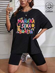 女士休闲彩色“明天会更好”印花T恤，独特的“迪斯科热潮”彩色印花，春夏新品 - 黑色 - 查看 4