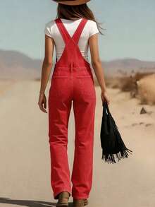 Women's Western Vintage Washed Loose Adjustable Shoulder Strap Denim Overall Workwear Pants, Washed Denim Fabric, College Style, Fashionable And Elegant Outfit, Suitable For Back-To-School, Teachers, Outings, And Travel Wear - 紅色 - 查看 3